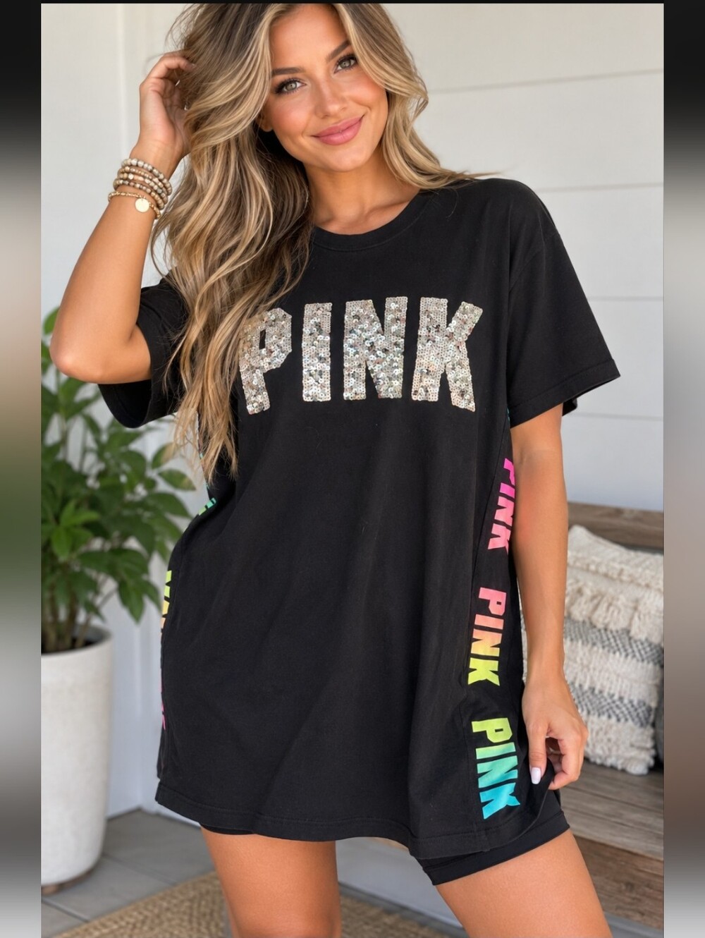PINK Victoria's Secret Black Tee with Sequin Logo and Rainbow Side Print